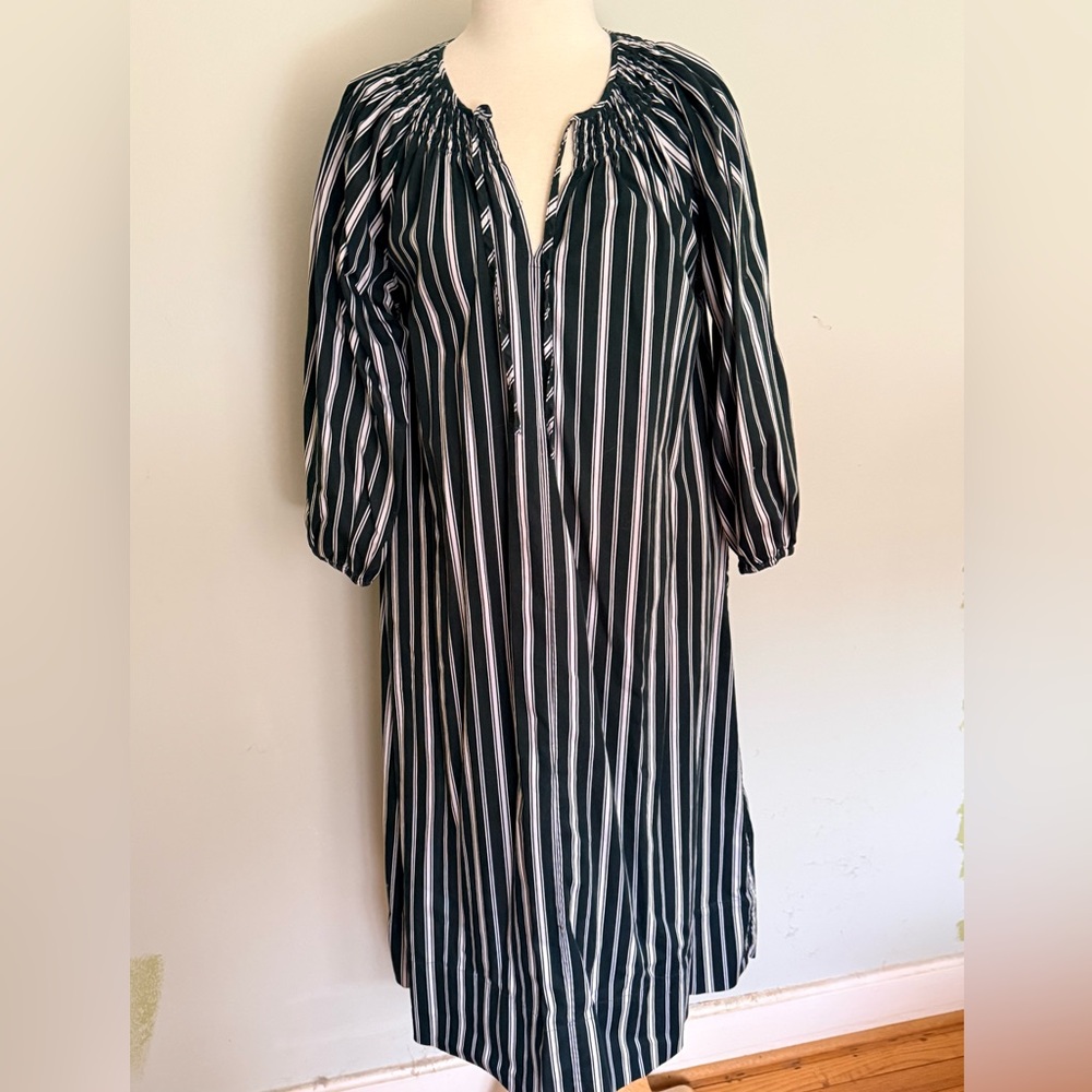 Lake Striped Dark green and White Smocked neckline Dress